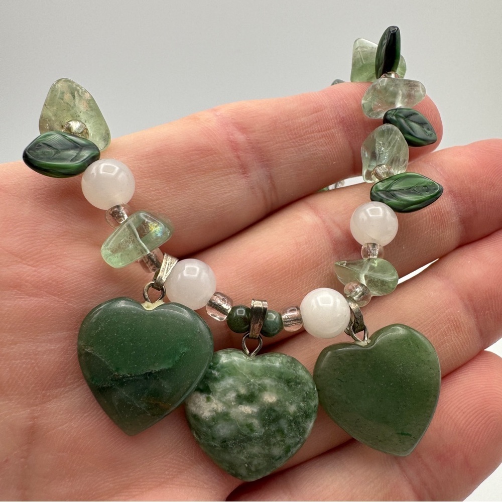 Green Gemstone Heart Necklace 24” Beaded Stone Chip Pendant